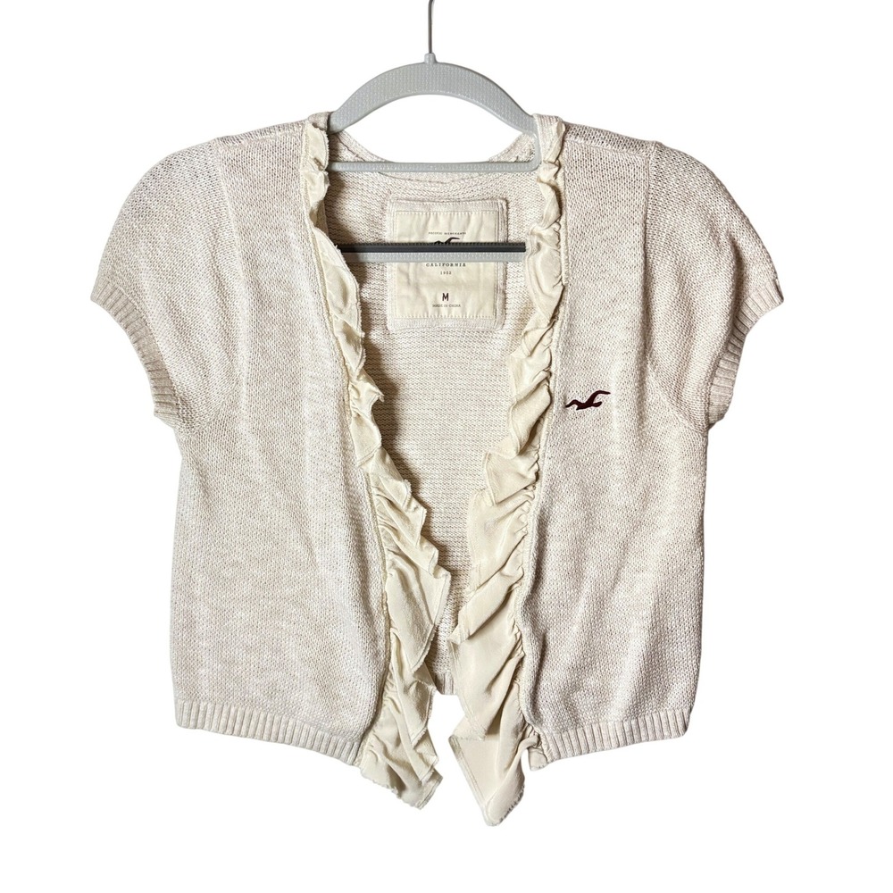 2000s Hollister Cardigan Sweater Womens M Cream Short Sleeve Ruffle Coquette Y2K